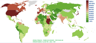 Dívida Pública - Países do Mundo - Por faixa de percentagem (%) do PIB - 2013 - FMI - Rev. A